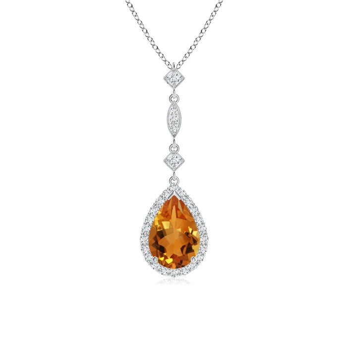 Pear Citrine with Moissanite Halo Multi-Link Drop Pendant Necklace