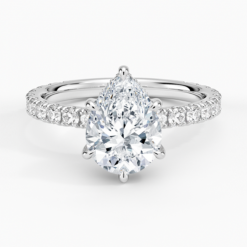 Pear Cut Three-Quarter Pavé Band Moissanite Engagement Ring with Hidden Halo