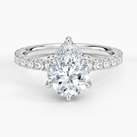 Pear Cut Three-Quarter Pavé Band Moissanite Engagement Ring with Hidden Halo