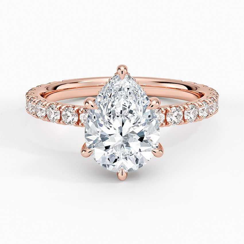 Pear Cut Three-Quarter Pavé Band Moissanite Engagement Ring with Hidden Halo