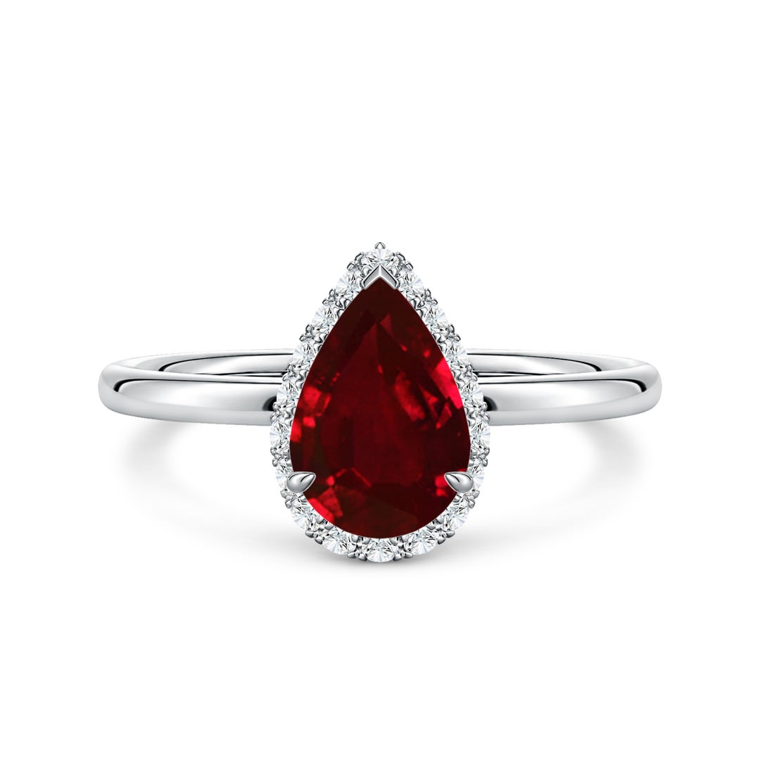 Pear Lab-Created Ruby with Angled Halo Moissanite Engagement Ring