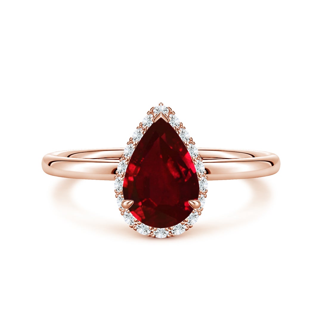 Pear Lab-Created Ruby with Angled Halo Moissanite Engagement Ring