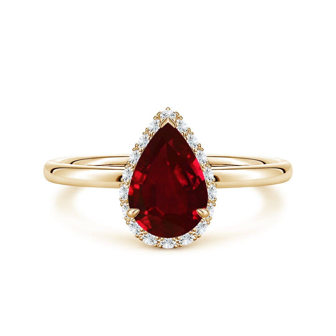 Pear Lab-Created Ruby with Angled Halo Moissanite Engagement Ring