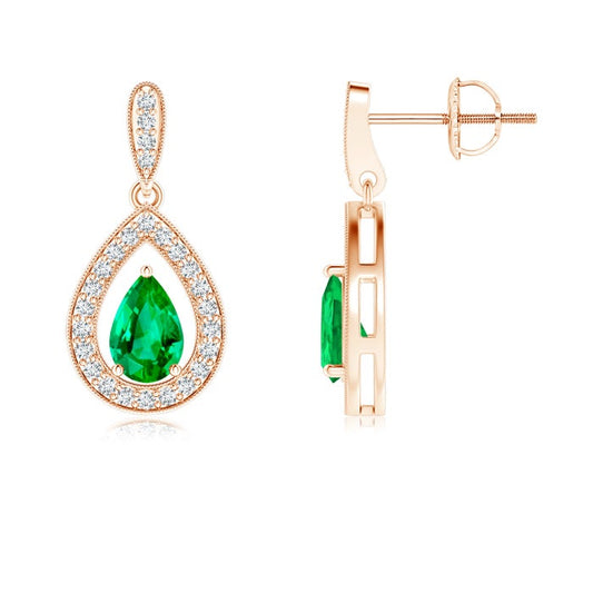 Pear Lab-Grown Emerald with Moissanite Halo Drop Earrings