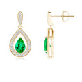 Pear Lab-Grown Emerald with Moissanite Halo Drop Earrings