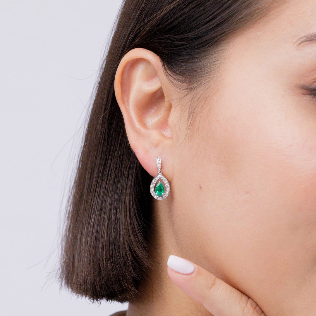 Pear Lab-Grown Emerald with Moissanite Halo Drop Earrings