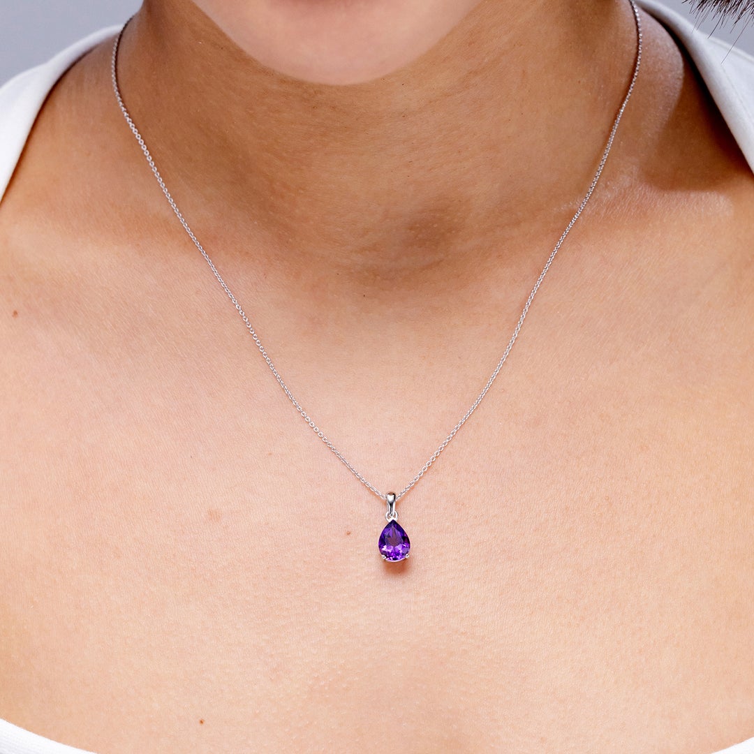 Pear-Shaped Amethyst Solitaire Pendant Necklace