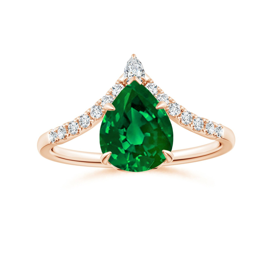 Pear-Shaped Lab-Created Emerald with Moissanite Chevron Engagement Ring
