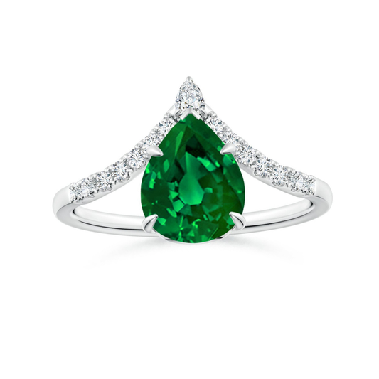 Pear-Shaped Lab-Created Emerald with Moissanite Chevron Engagement Ring
