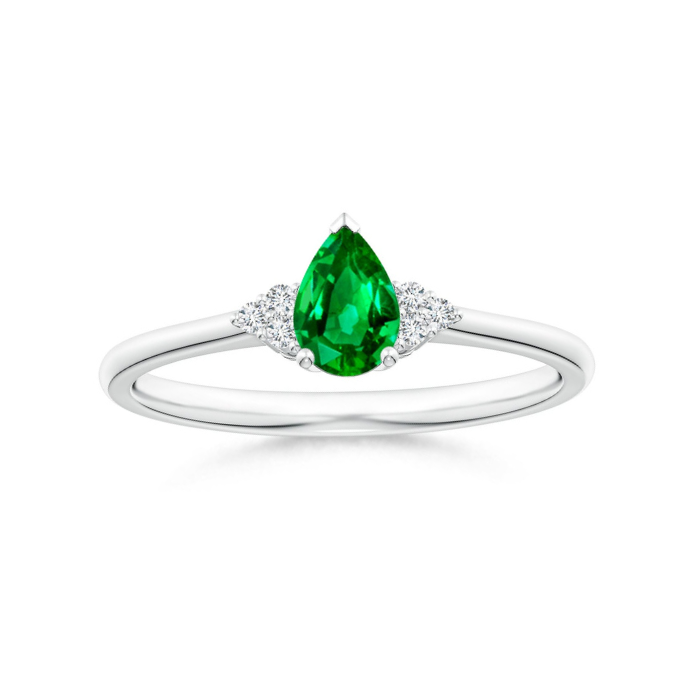 Pear Solitaire Lab Emerald with Trio Moissanite Accents Promise Ring