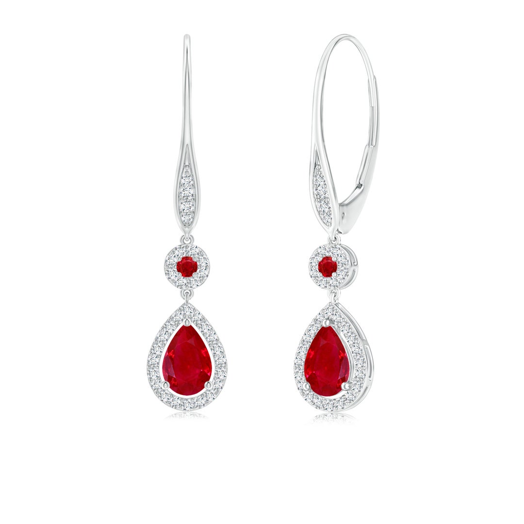 Pear and Round Lab Ruby with Halo Moissanite Drop Earrings