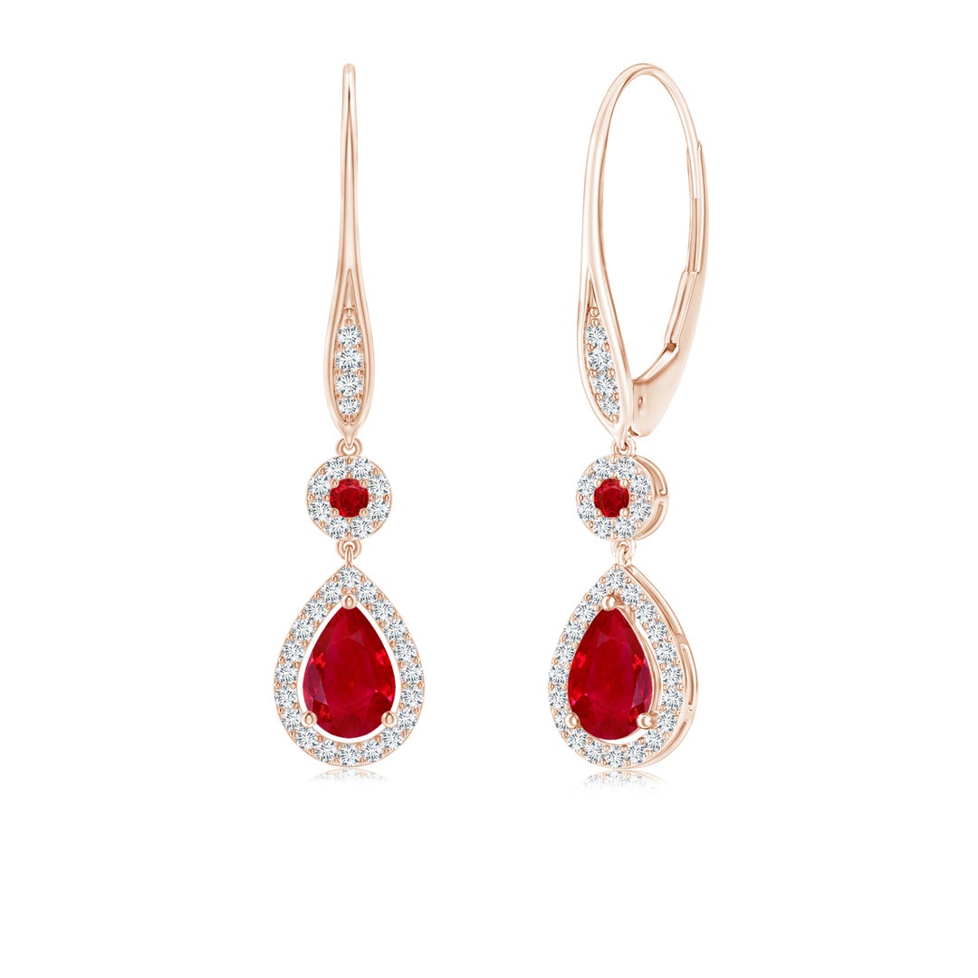 Pear and Round Lab Ruby with Halo Moissanite Drop Earrings