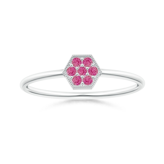 Lab Pink Sapphire Hexagon Cluster Promise Ring with Milgrain Design – 1.6 mm