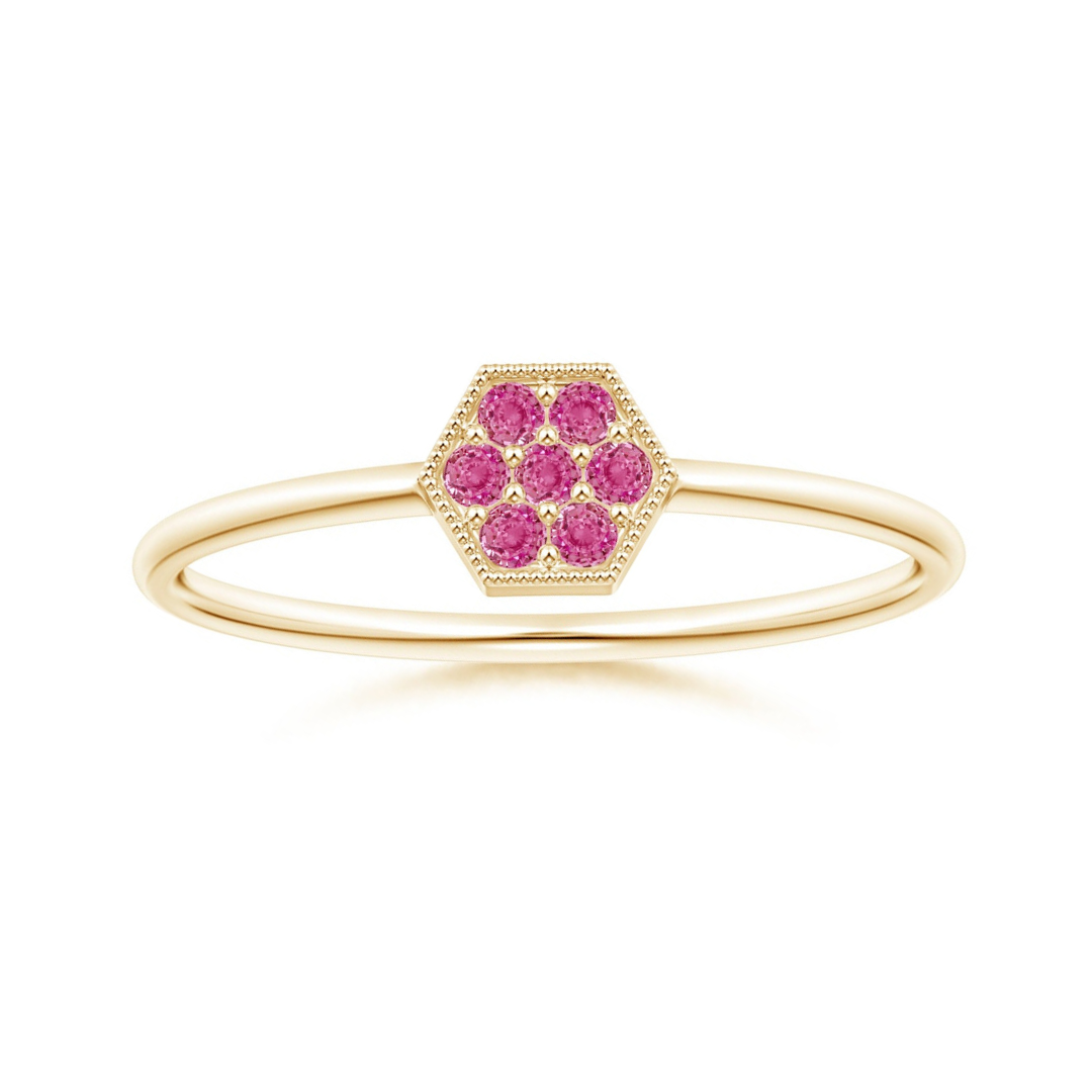 Lab Pink Sapphire Hexagon Cluster Promise Ring with Milgrain Design – 1.6 mm