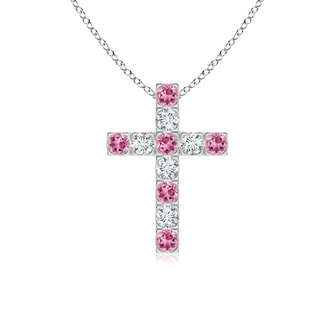Pink Tourmaline with Moissanite Cross Pendant Necklace