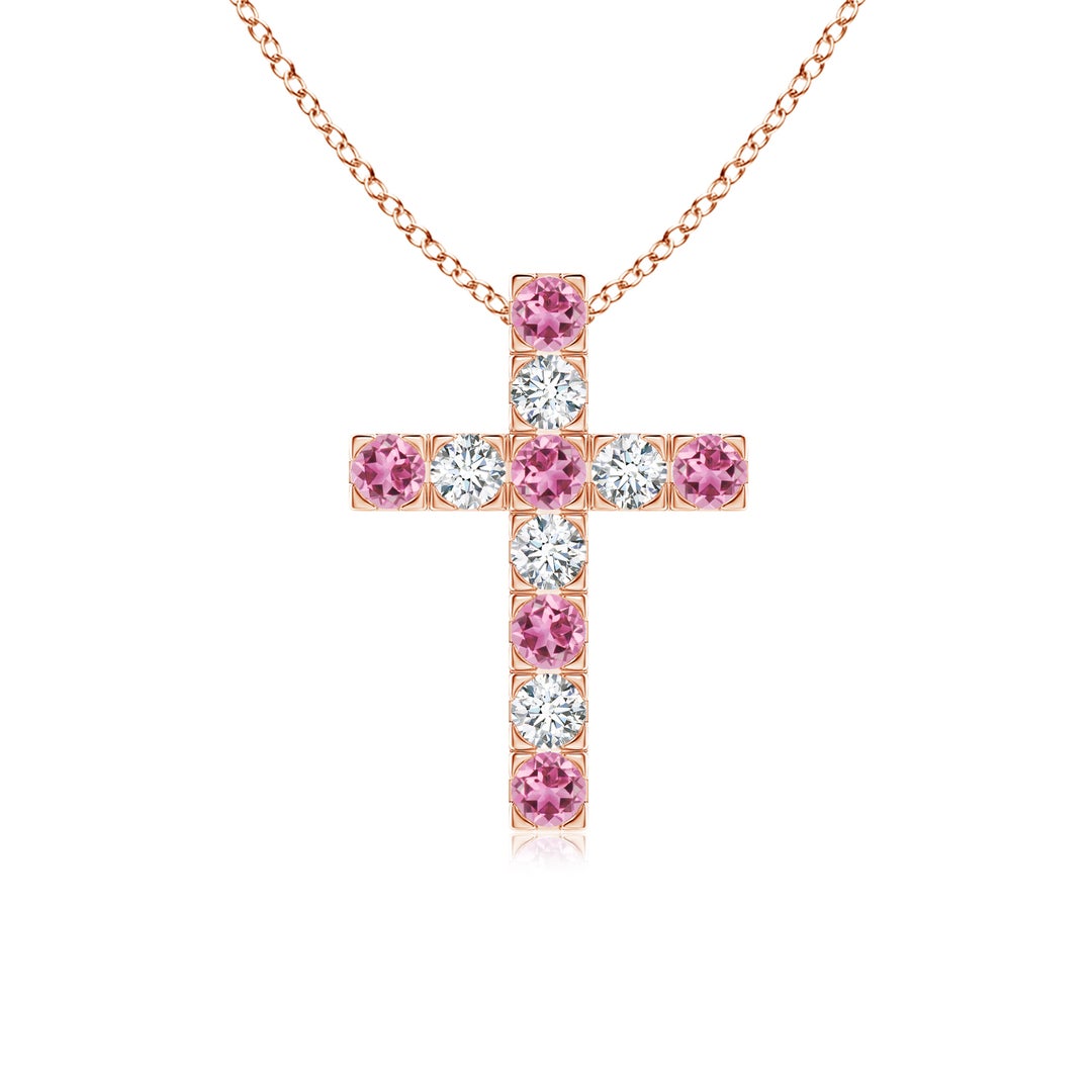 Pink Tourmaline with Moissanite Cross Pendant Necklace