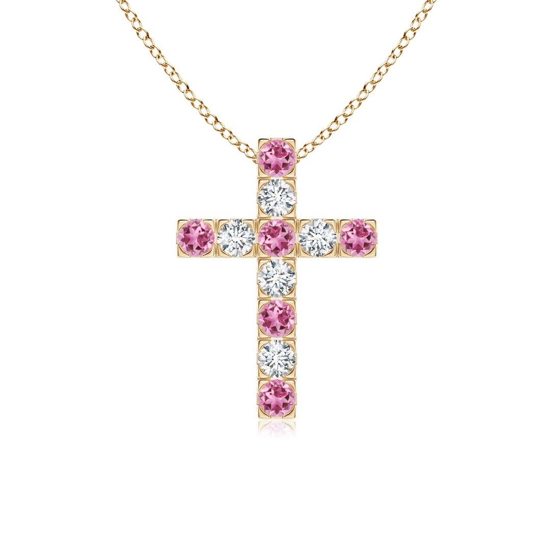 Pink Tourmaline with Moissanite Cross Pendant Necklace