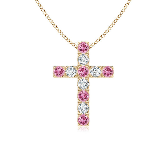 Pink Tourmaline with Moissanite Cross Pendant Necklace