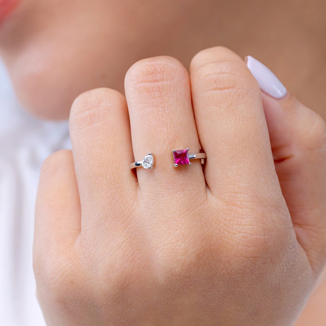 Princess-Cut Lab-Created Ruby and Pear Moissanite Toi et Moi Promise Ring
