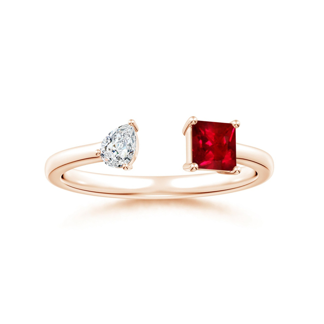 Princess-Cut Lab-Created Ruby and Pear Moissanite Toi et Moi Promise Ring