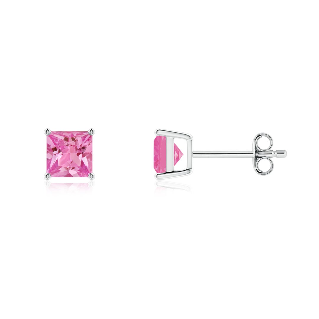 Princess Cut Lab-Grown Pink Sapphire Basket-Set Stud Earrings
