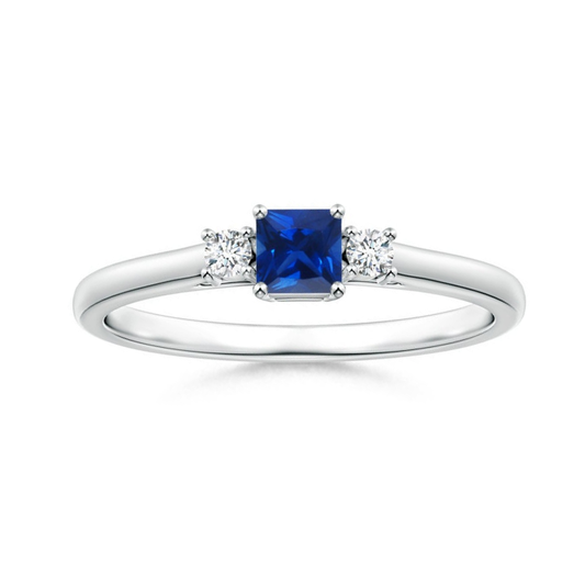 Princess Cut Lab Sapphire Three-Stone Promise Ring with Moissanite Accents