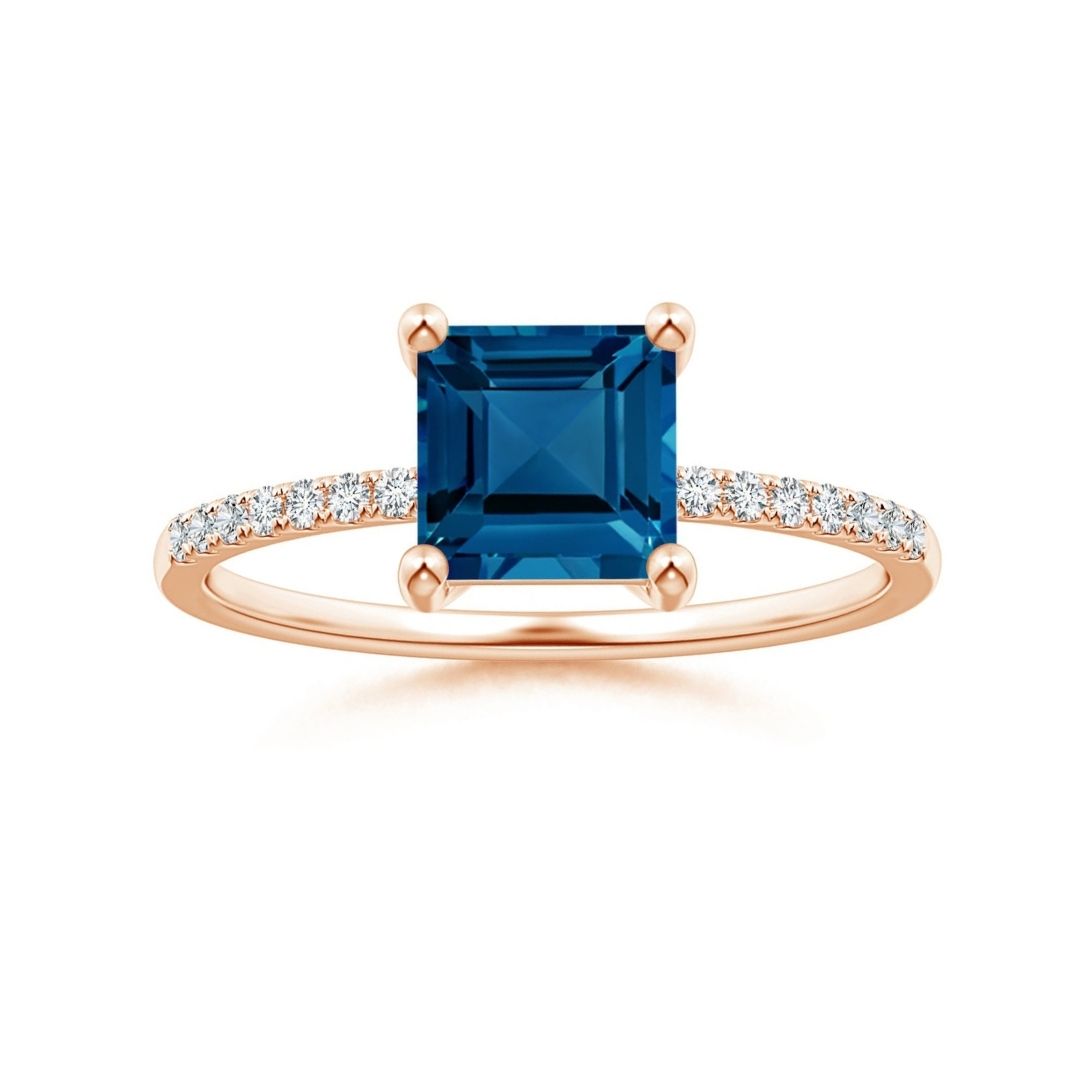 Princess Cut London Blue Topaz with Moissanite Pavé Band Engagement Ring