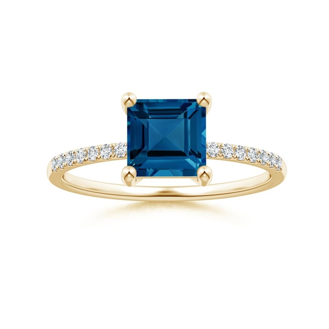 Princess Cut London Blue Topaz with Moissanite Pavé Band Engagement Ring