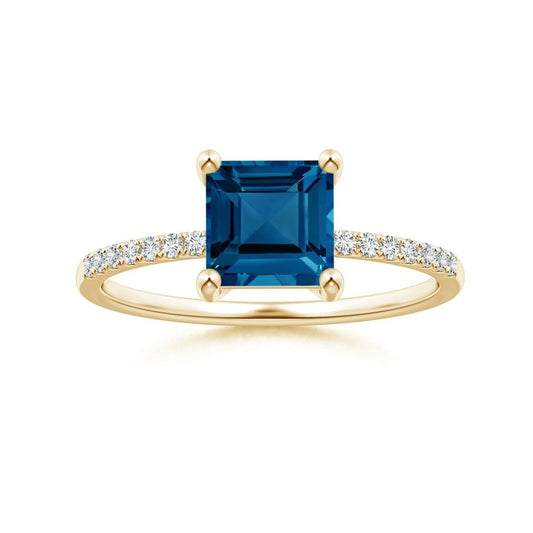 Princess Cut London Blue Topaz with Moissanite Pavé Band Promise Ring