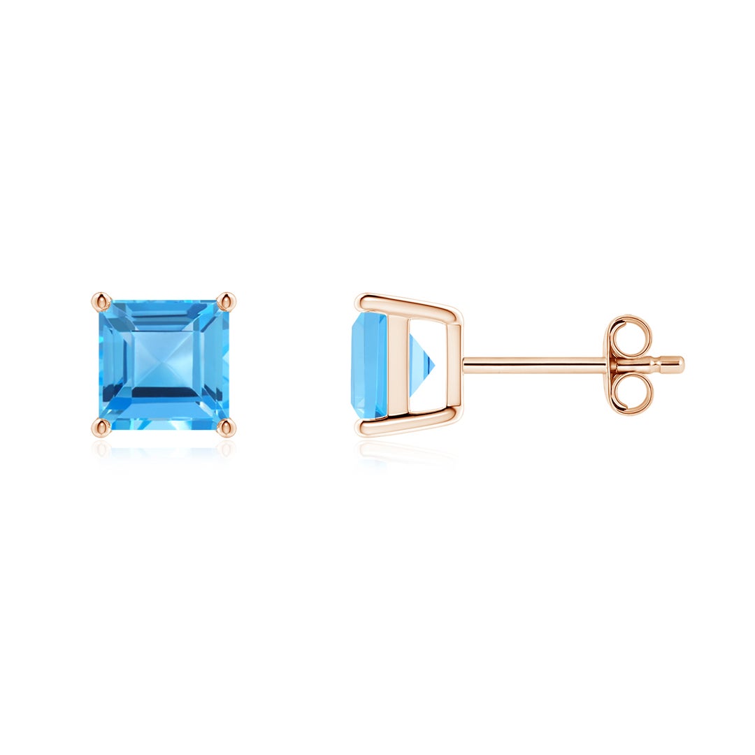 Princess Cut Swiss Blue Topaz Basket-Set Stud Earrings