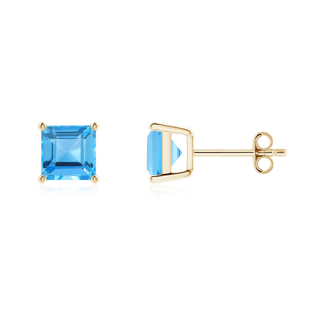 Princess Cut Swiss Blue Topaz Basket-Set Stud Earrings