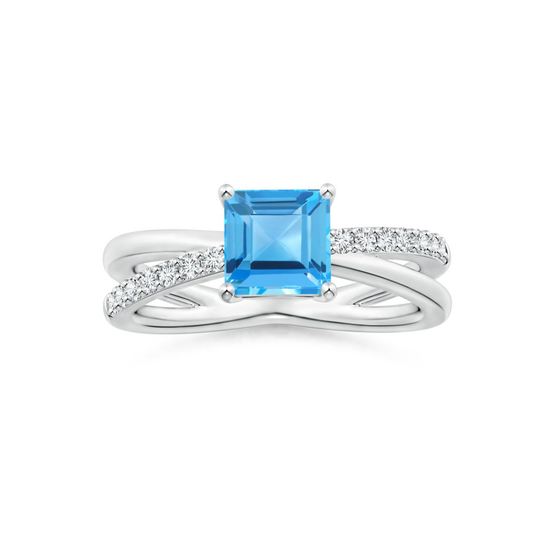Princess Cut Swiss Blue Topaz with Moissanite Accents Split Shank Promise Ring