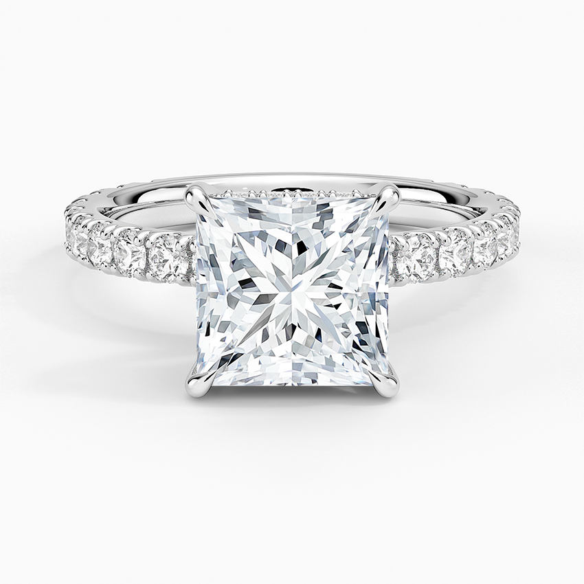 Princess Cut Three-Quarter Pavé Band Moissanite Engagement Ring with Hidden Halo