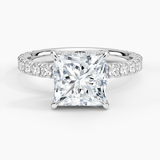 Princess Cut Three-Quarter Pavé Band Moissanite Engagement Ring with Hidden Halo