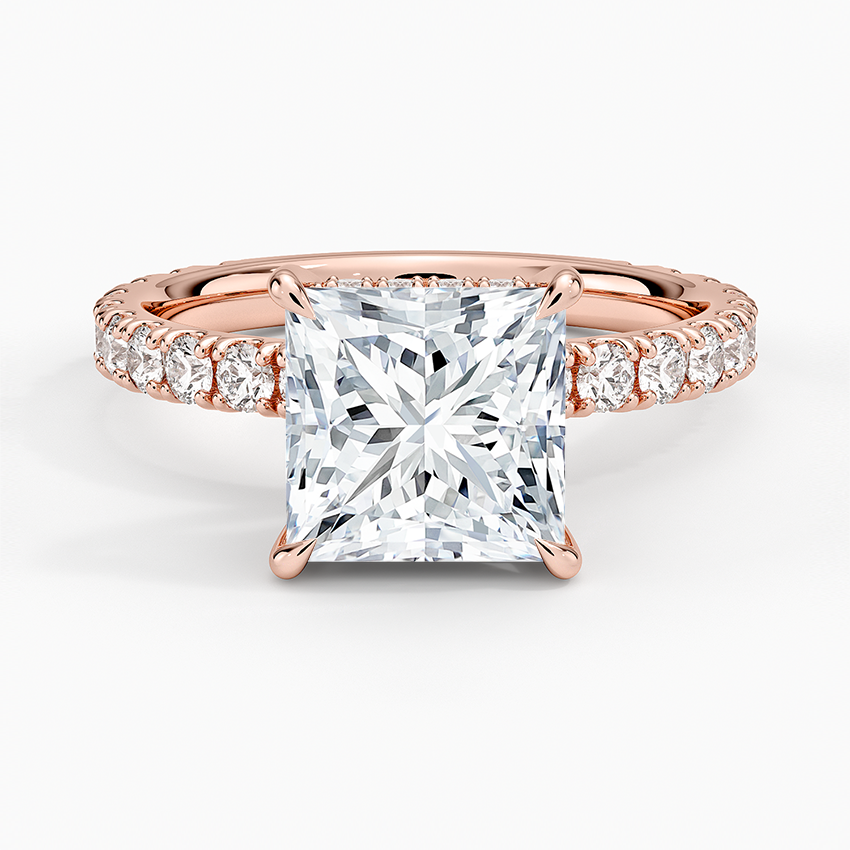 Princess Cut Three-Quarter Pavé Band Moissanite Engagement Ring with Hidden Halo