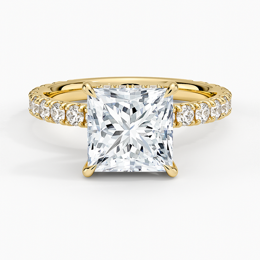 Princess Cut Three-Quarter Pavé Band Moissanite Engagement Ring with Hidden Halo