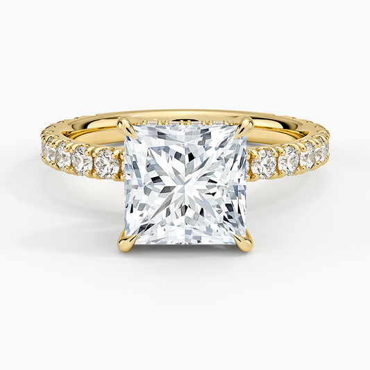 Princess Cut Three-Quarter Pavé Band Moissanite Engagement Ring with Hidden Halo