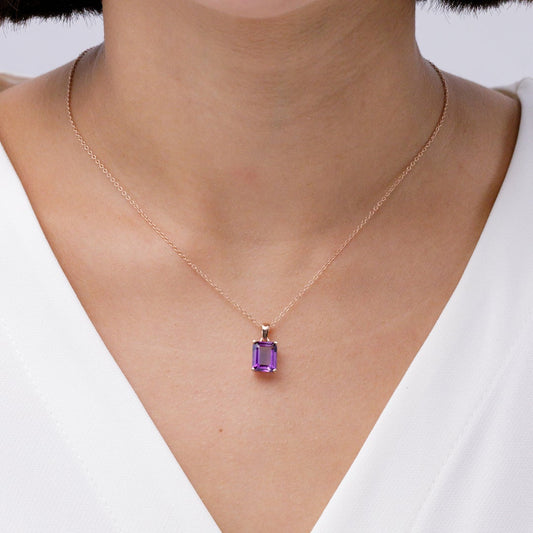 Prong-Set Emerald-Cut Amethyst Pendant Necklace