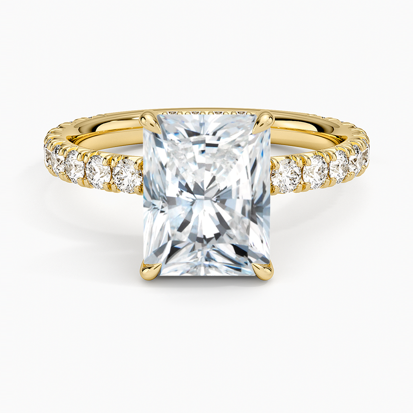 Radiant Cut French Pavé Moissanite Engagement Ring with Hidden Halo