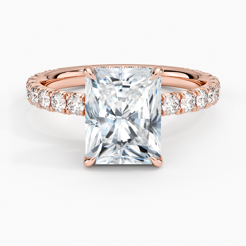Radiant Cut French Pavé Moissanite Engagement Ring with Hidden Halo
