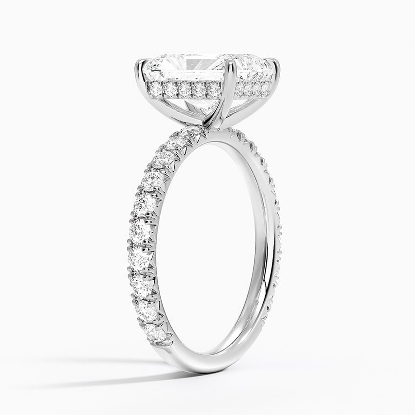 Radiant Cut French Pavé Moissanite Engagement Ring with Hidden Halo