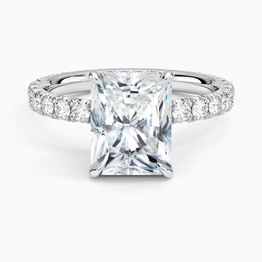Radiant Cut French Pavé Moissanite Engagement Ring with Hidden Halo