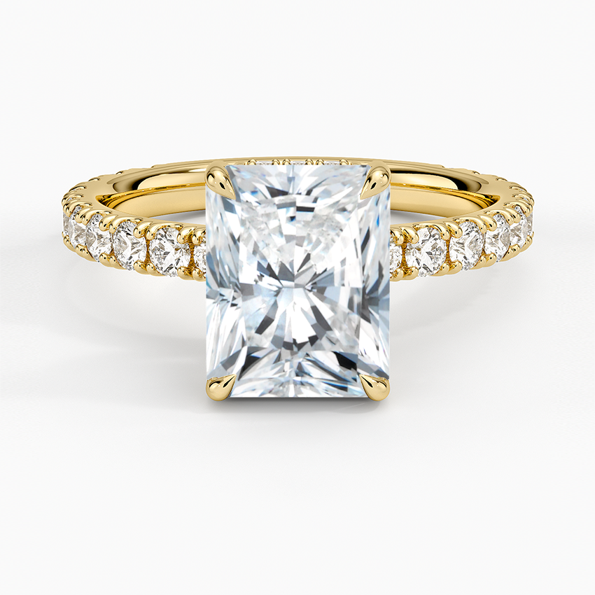 Radiant Cut Three-Quarter Pavé Band Moissanite Engagement Ring with Hidden Halo