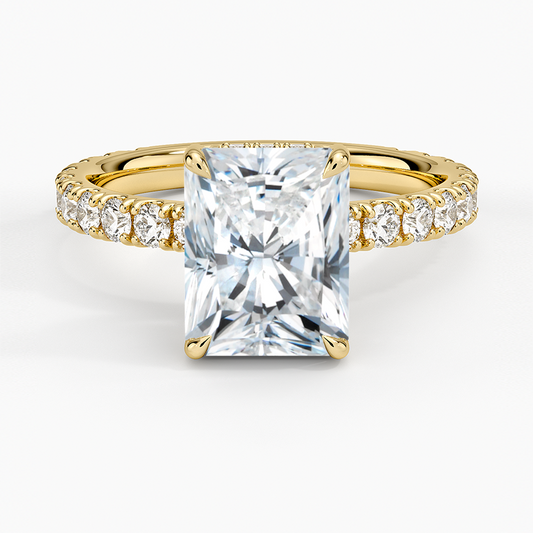 Radiant Cut Three-Quarter Pavé Band Moissanite Engagement Ring with Hidden Halo