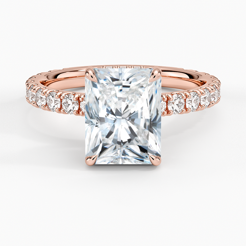 Radiant Cut Three-Quarter Pavé Band Moissanite Engagement Ring with Hidden Halo