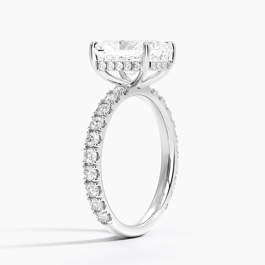 Radiant Cut Three-Quarter Pavé Band Moissanite Engagement Ring with Hidden Halo