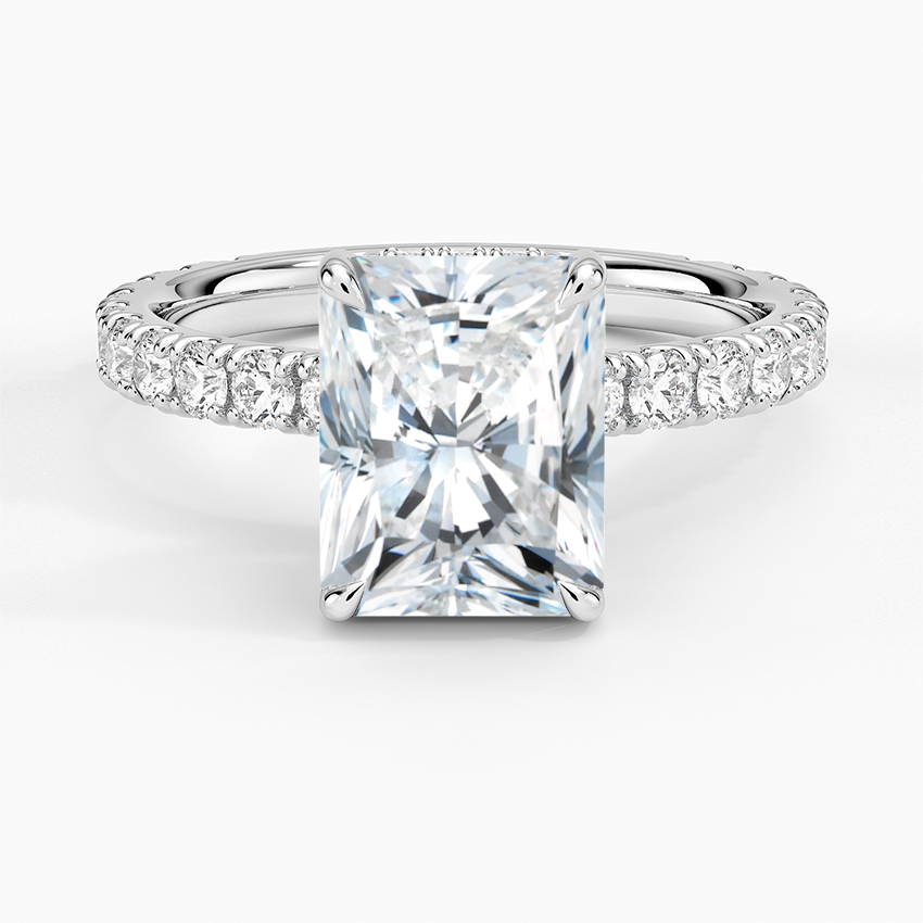 Radiant Cut Three-Quarter Pavé Band Moissanite Engagement Ring with Hidden Halo