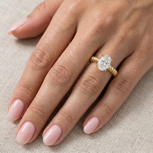 Ribbed Oval Brilliant Moissanite Engagement Ring