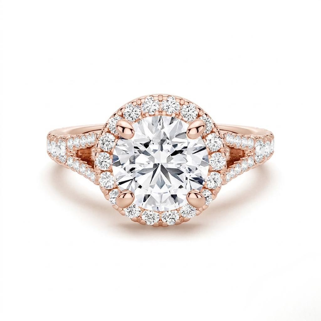 Round Cut Split-Shank Moissanite Halo Engagement Ring