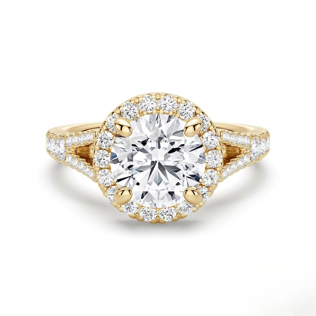Round Cut Split-Shank Moissanite Halo Engagement Ring